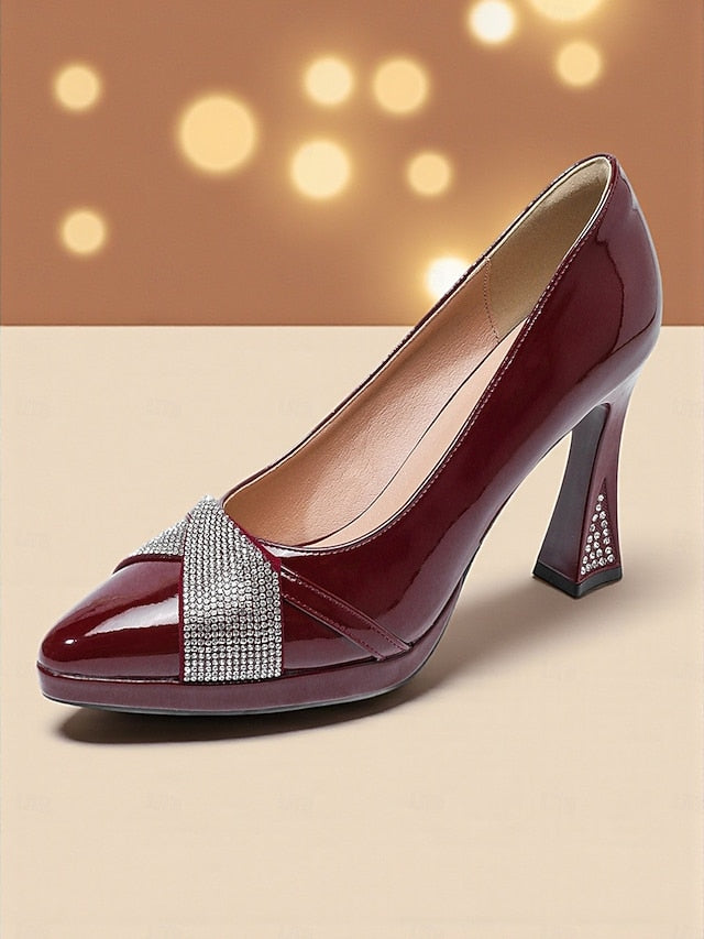 Women's Pointed Patent Heels Leather Burgundy with Toe FashionChic