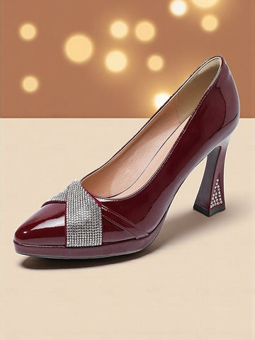 Women's Pointed Patent Heels Leather Burgundy with Toe FashionChic