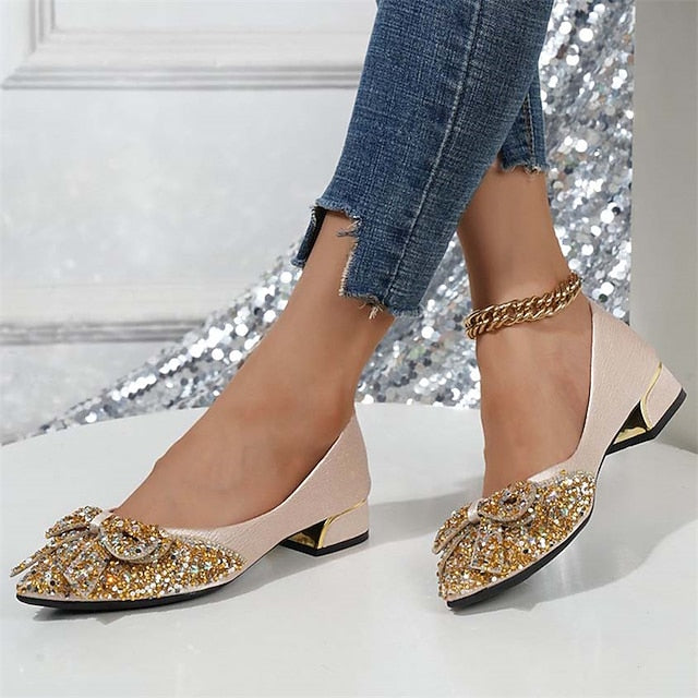 with - Women's Elegant Detail Rhinestone Glitter Flats Bow FashionChic