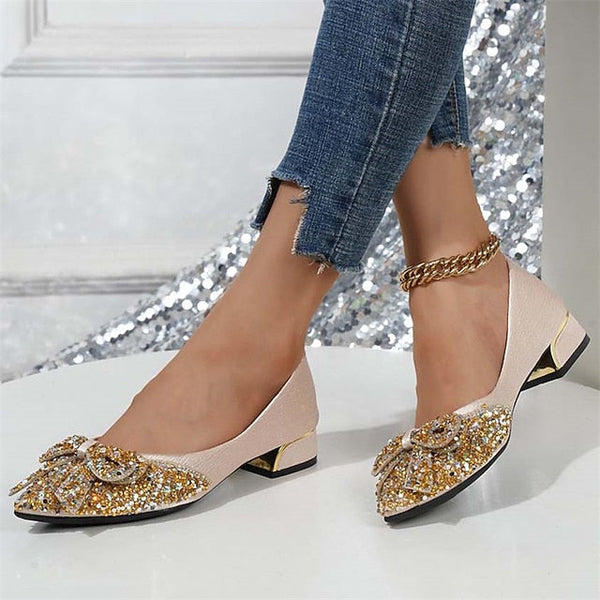 with - Women's Elegant Detail Rhinestone Glitter Flats Bow FashionChic