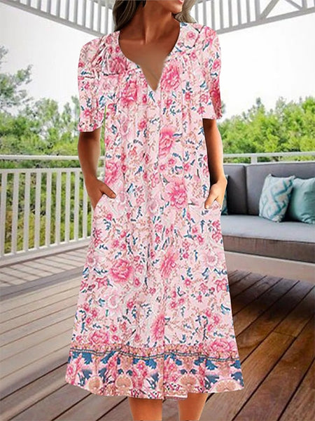 Women's Pink Dress Floral Graphic Print V Neck Midi Dress