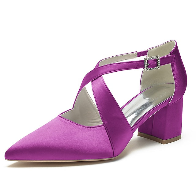 Heels White Pointed Satin Toe Block Women's – Elegant FashionChic