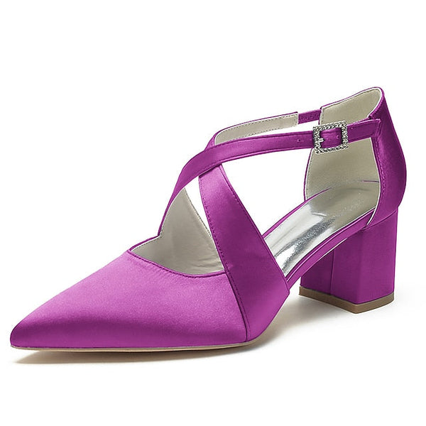 Heels White Pointed Satin Toe Block Women's – Elegant FashionChic