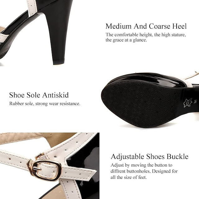 High T-Strap Patent Heels Women's Black White Leather with FashionChic