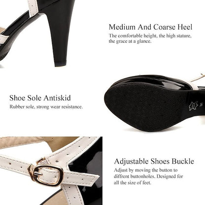 High T-Strap Patent Heels Women's Black White Leather with FashionChic