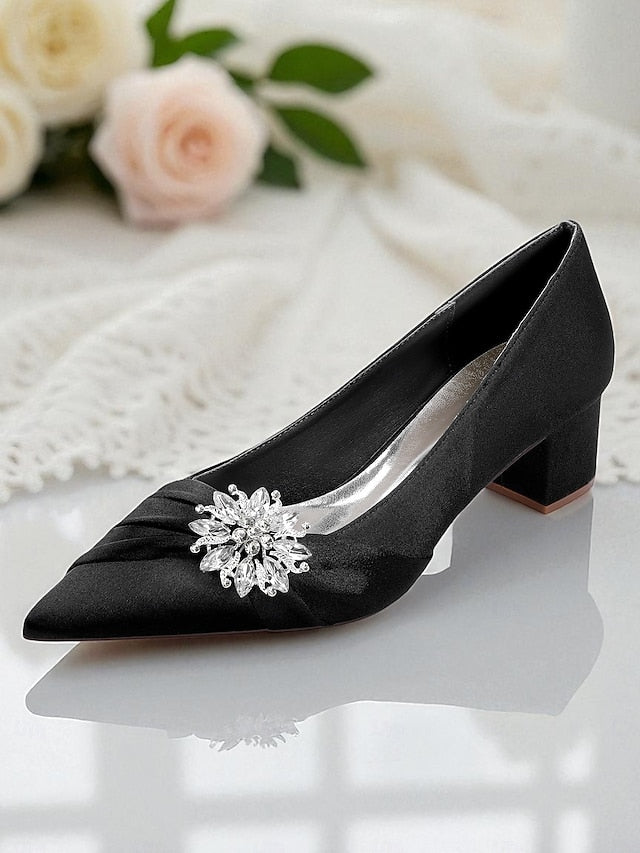 Block Heel Low Crystal Pumps Women's with White FashionChic