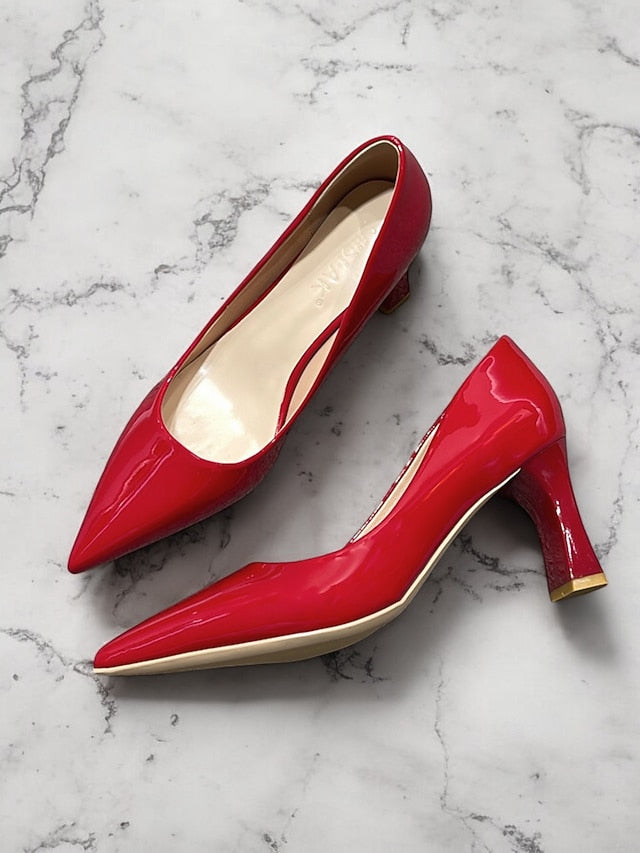 Pointed-Toe Glossy Patent Leather Heel Green Pumps Faux Block FashionChic