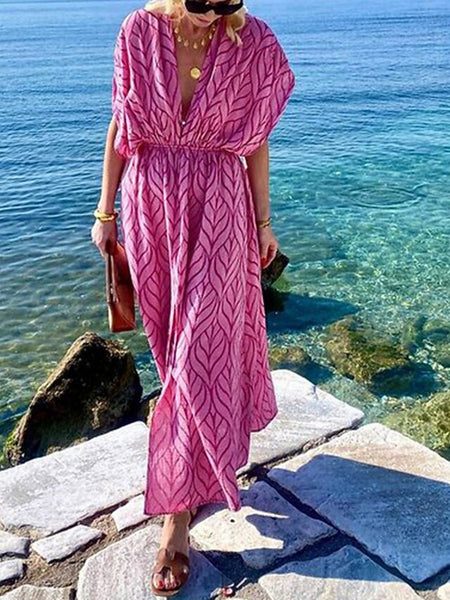Women's Geometric V Neck Maxi Dress Half Sleeve Summer