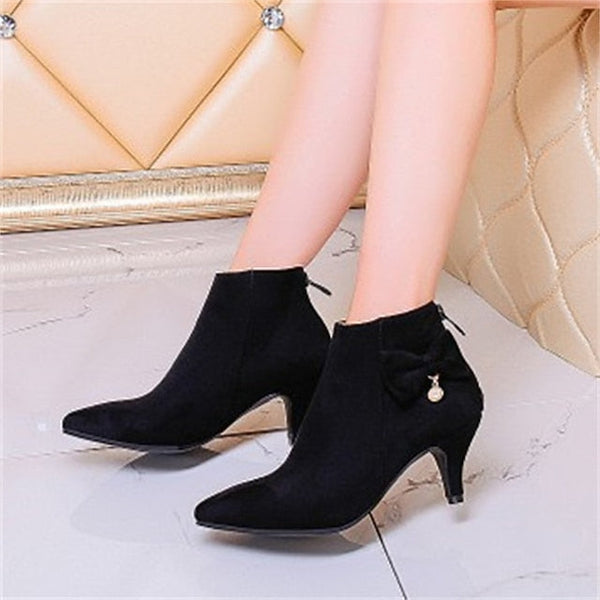 Pink Boots Women's Bow Pearl Charm Suede with and Ankle FashionChic