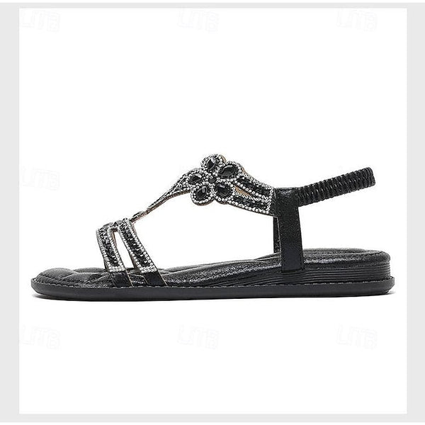 T-Strap Sandals Women's Silver Boho Rhinestone Flat – FashionChic