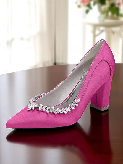 Satin Block Heel Wedding Pink Pumps Women's FashionChic