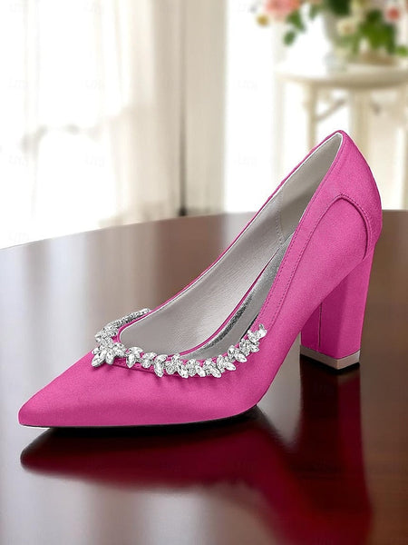 Satin Block Heel Wedding Pink Pumps Women's FashionChic