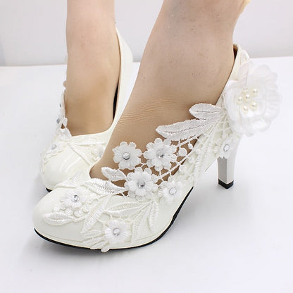 Women's Lace Wedding Floral Embellishments White Heels – FashionChic