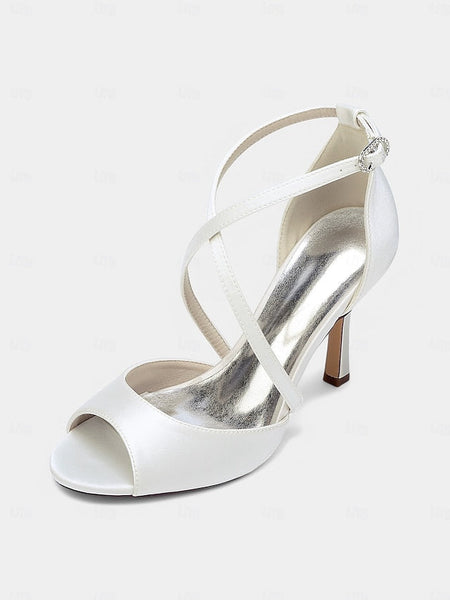 Elegant Heels Peep-Toe Women's White – Satin Cross-Strap FashionChic