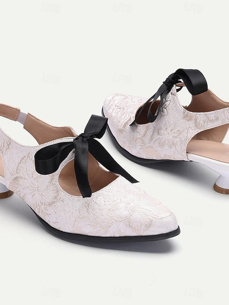 Heels Lace Bow Vintage Slingback Women's Elegant - with FashionChic