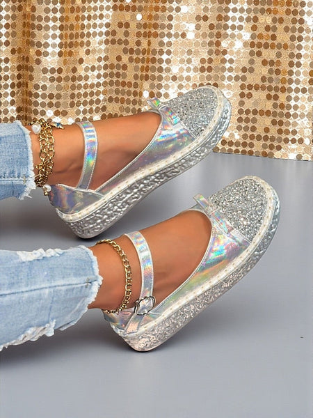 Women's Holographic Jane Platform Glitter Mary Shoes FashionChic