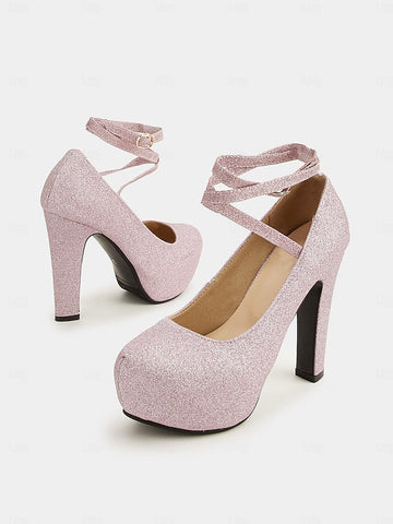 Ankle Glitter Heels Platform – Pink Women's with Strap FashionChic