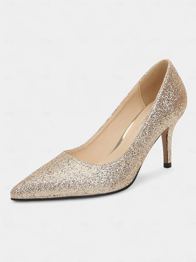 Sparkly Pumps Stiletto Pointed-Toe - Women's Glitter Gold FashionChic