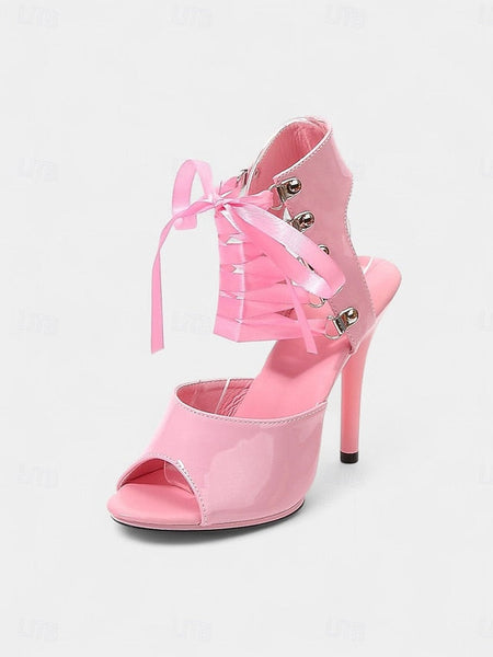 Cutout Sandals Patent Stiletto Women's Sexy - Lace-Up Black FashionChic