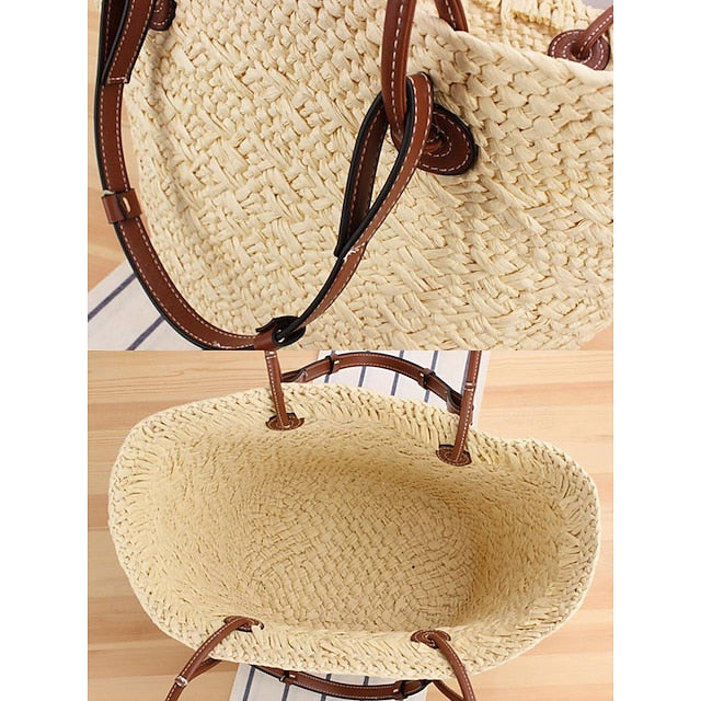 Chic Large Bag Straw Tote with Straps Women's Leather Boho FashionChic