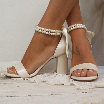 Heels Wedding Pearl Anklet Satin and Block Sandals - White with FashionChic