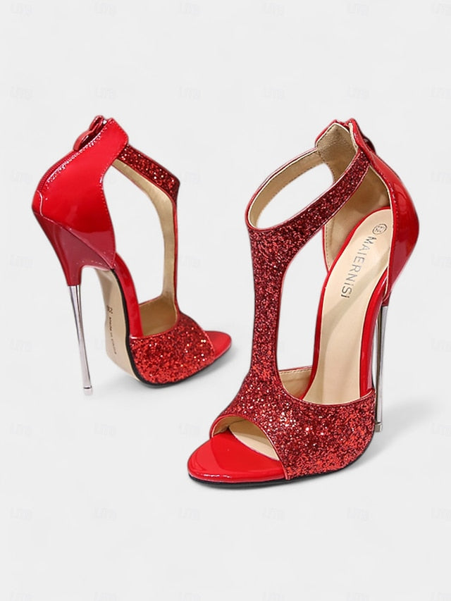 Glitter Stiletto Gold for with Toe Heels T-Strap and Design Open FashionChic