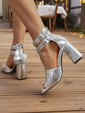 Sandals Heel Party Shiny Block - Women's Double Silver FashionChic