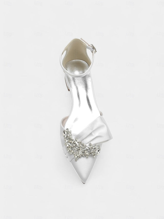 Bow with Pointed-Toe and Satin Rhinestone Ankle White Heels FashionChic