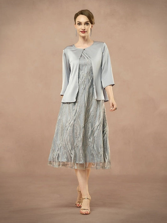 A-Line Neck the Two Jewel of Pieces Dress Bride Elegant Mother FashionChic