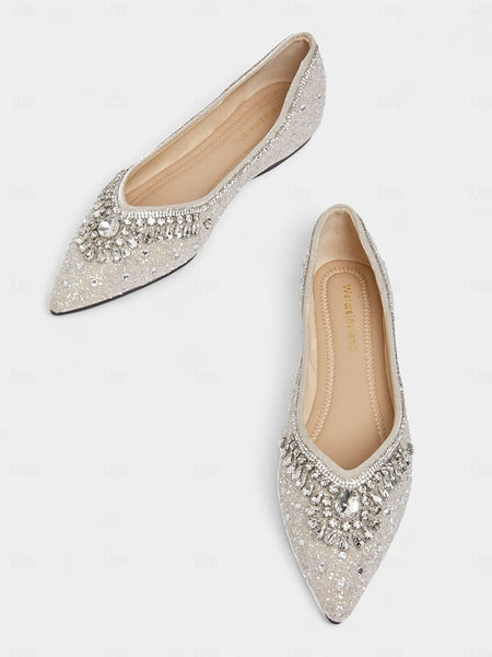 with Pointed Crystal Flats Glitter Women's Toe Silver FashionChic