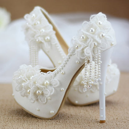 Wedding Platform White with Lace Floral Heels Women's FashionChic