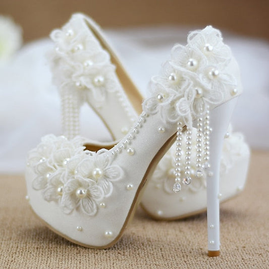 Wedding Platform White with Lace Floral Heels Women's FashionChic