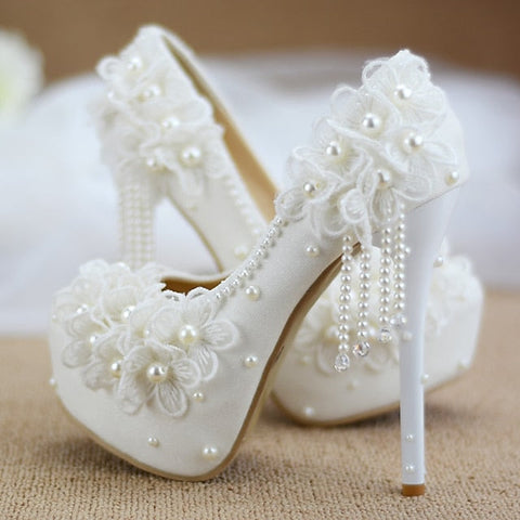 Wedding Platform White with Lace Floral Heels Women's FashionChic