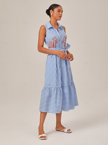 Summer Striped Embroidered Sleeveless Mid-length Dress