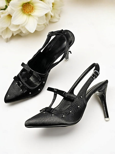 Studs Heels and T-Strap Bows – Purple Satin Women's with FashionChic