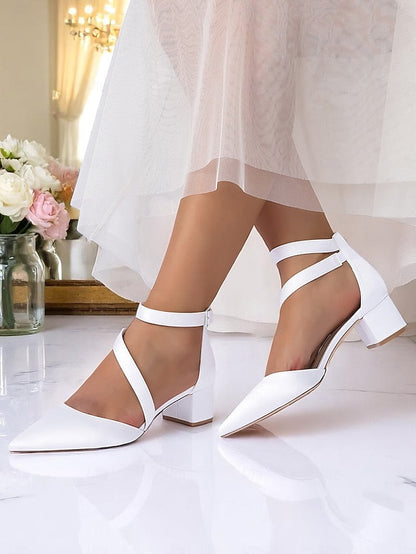 Women's Champagne Pointed Block Heels Satin Toe - FashionChic