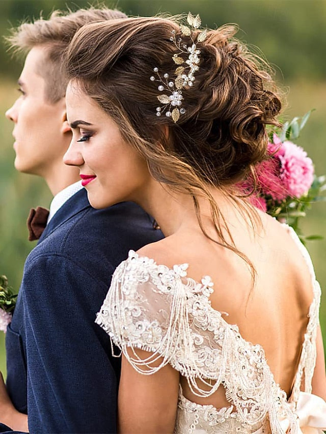 Leaf Faux Pearls Accessory Bridal Hair with Set and Silver Gold FashionChic