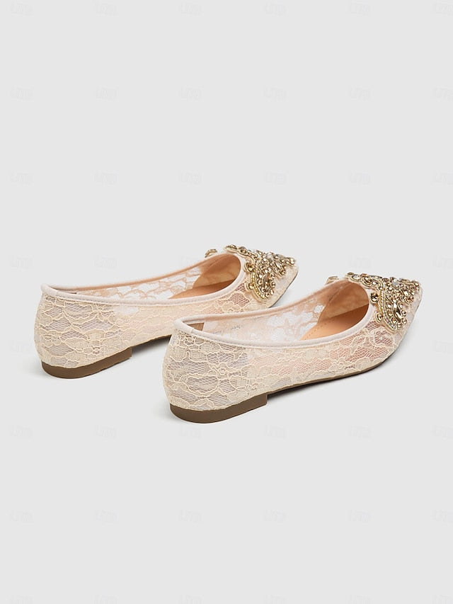 Ballet Flats Lace with Ornate Beige Women's Elegant FashionChic