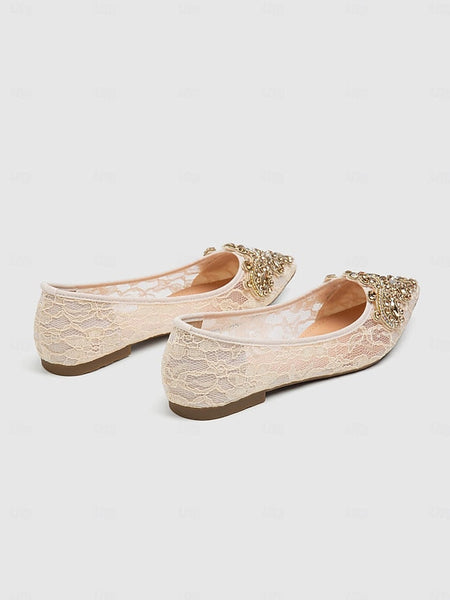 Ballet Flats Lace with Ornate Beige Women's Elegant FashionChic
