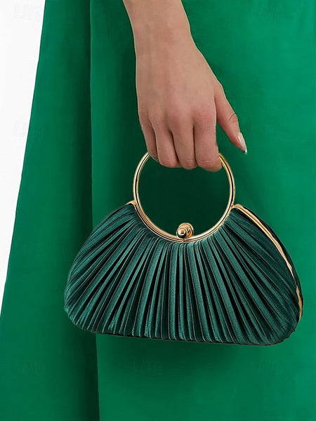 Handle Clutch - with Pleated Elegant Gold Ring Velvet Green FashionChic