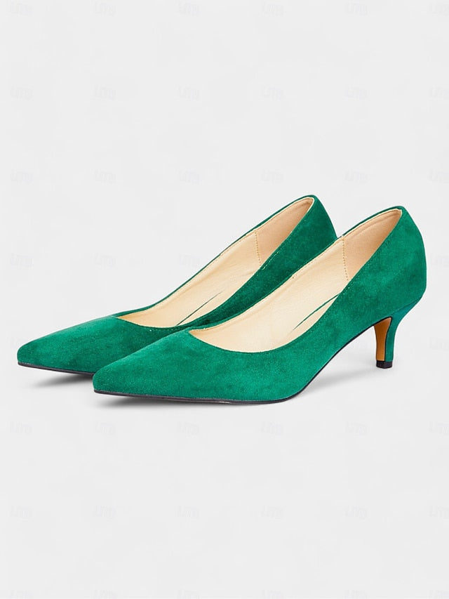 Suede with Women's Pointed-Toe Kitten Emerald Pumps Green FashionChic