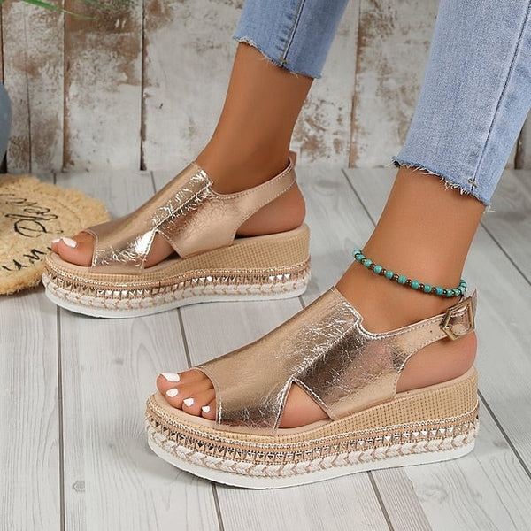 Metallic Women's Espadrille Faux Platform Gold Leather FashionChic