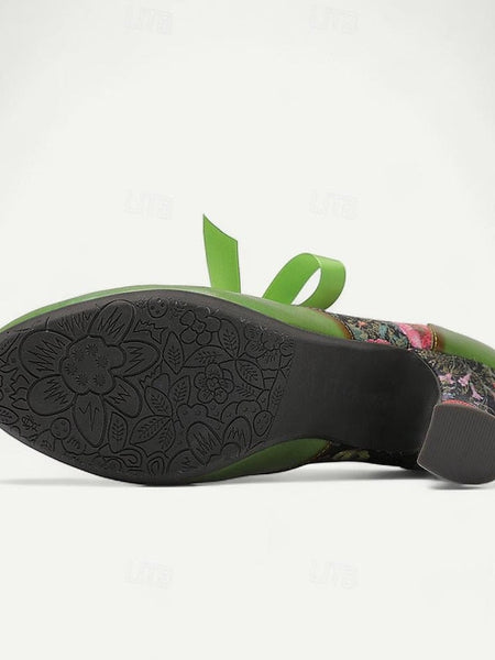 Mary Heels Green with Jane Women's Print Leather Floral FashionChic