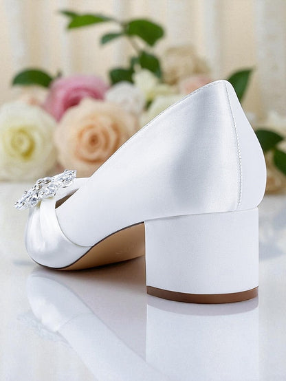 Block Heel Low Crystal Pumps Women's with White FashionChic