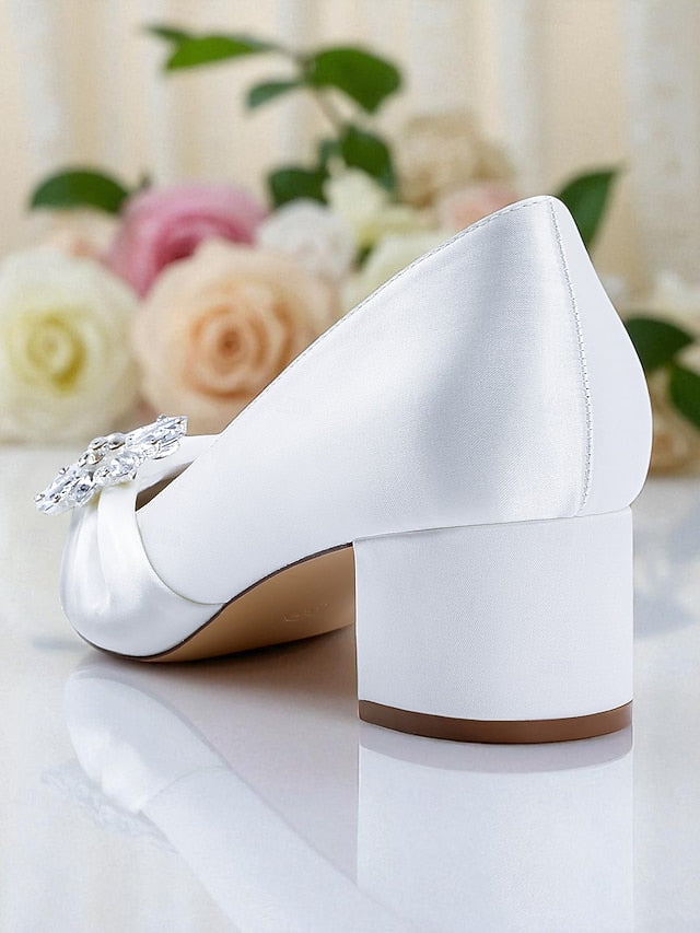 White Women's Pumps with Low Heel Block Crystal FashionChic