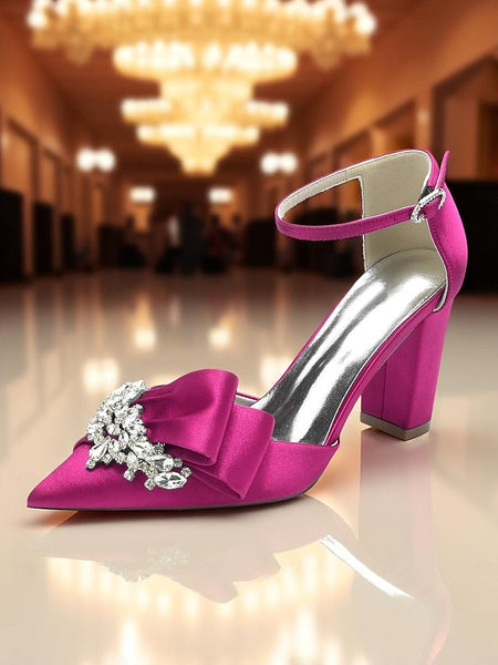 Block Crystal Pumps Bow Satin with Heel and Women's FashionChic