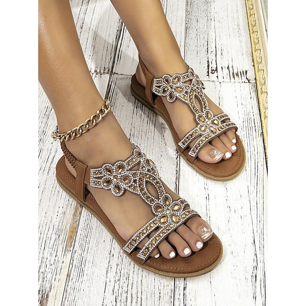 T-Strap Sandals Women's Silver Boho Rhinestone Flat – FashionChic