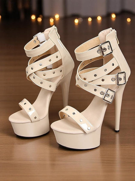 Women's with Platform Straps High White Heels Buckled and FashionChic