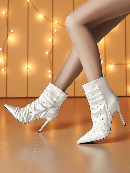 Boots with Satin Women's Ankle Rhinestone White FashionChic