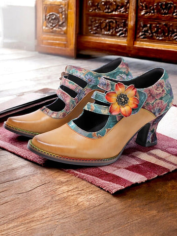Floral Women's Leather Mary – Jane Vintage Heels 1930s FashionChic